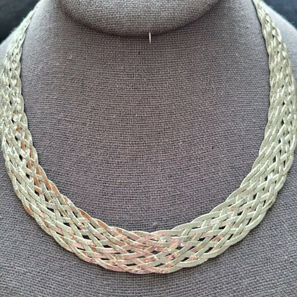 925 Italy Braided Collar Necklace Reversible KA 1772 10 Herringbone Strands - Picture 1 of 10